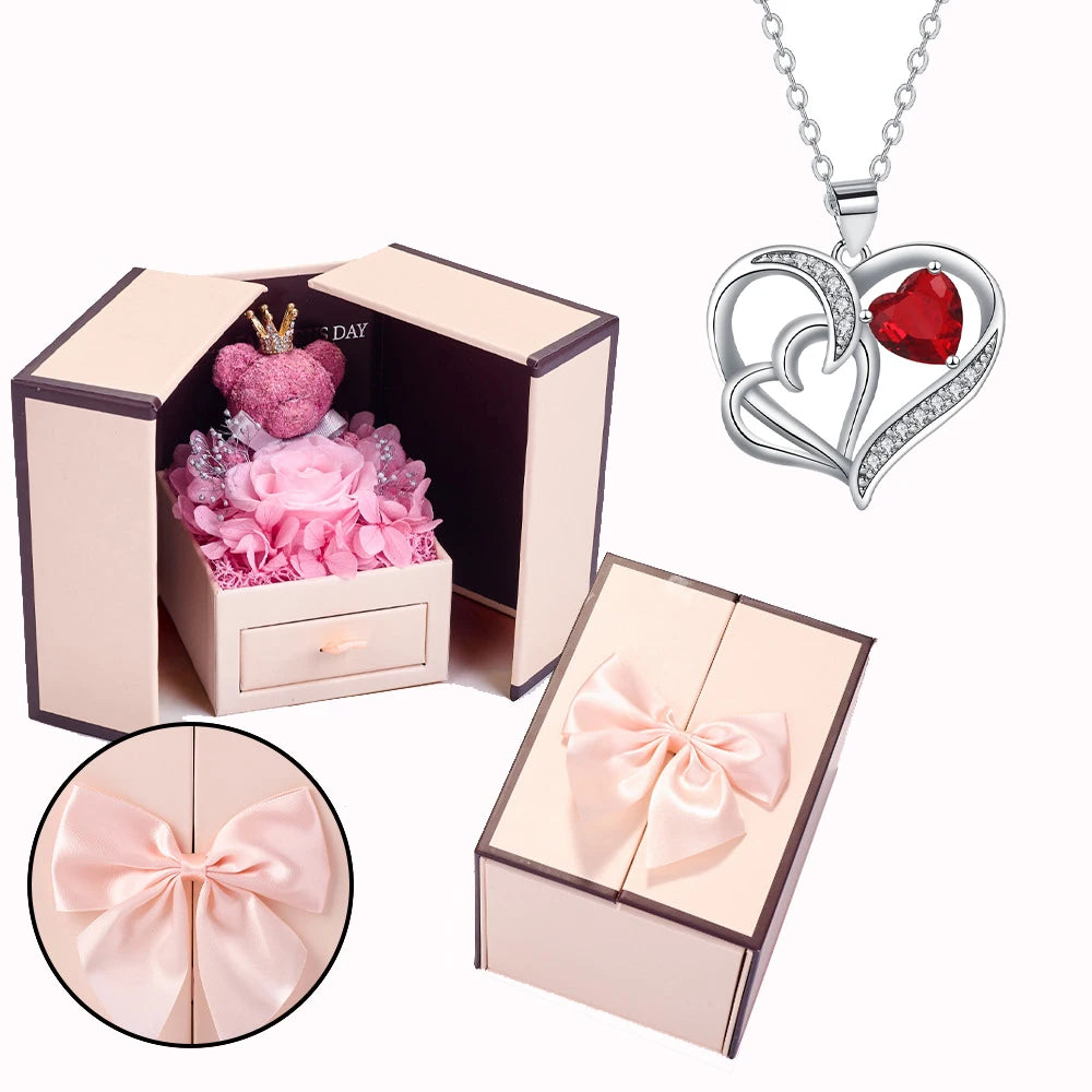 Heart Copper Zircon Pendant Necklaces With Cute Bear Rose Flower Gift Box New Christmas Friends Birthday Valentine Gifts