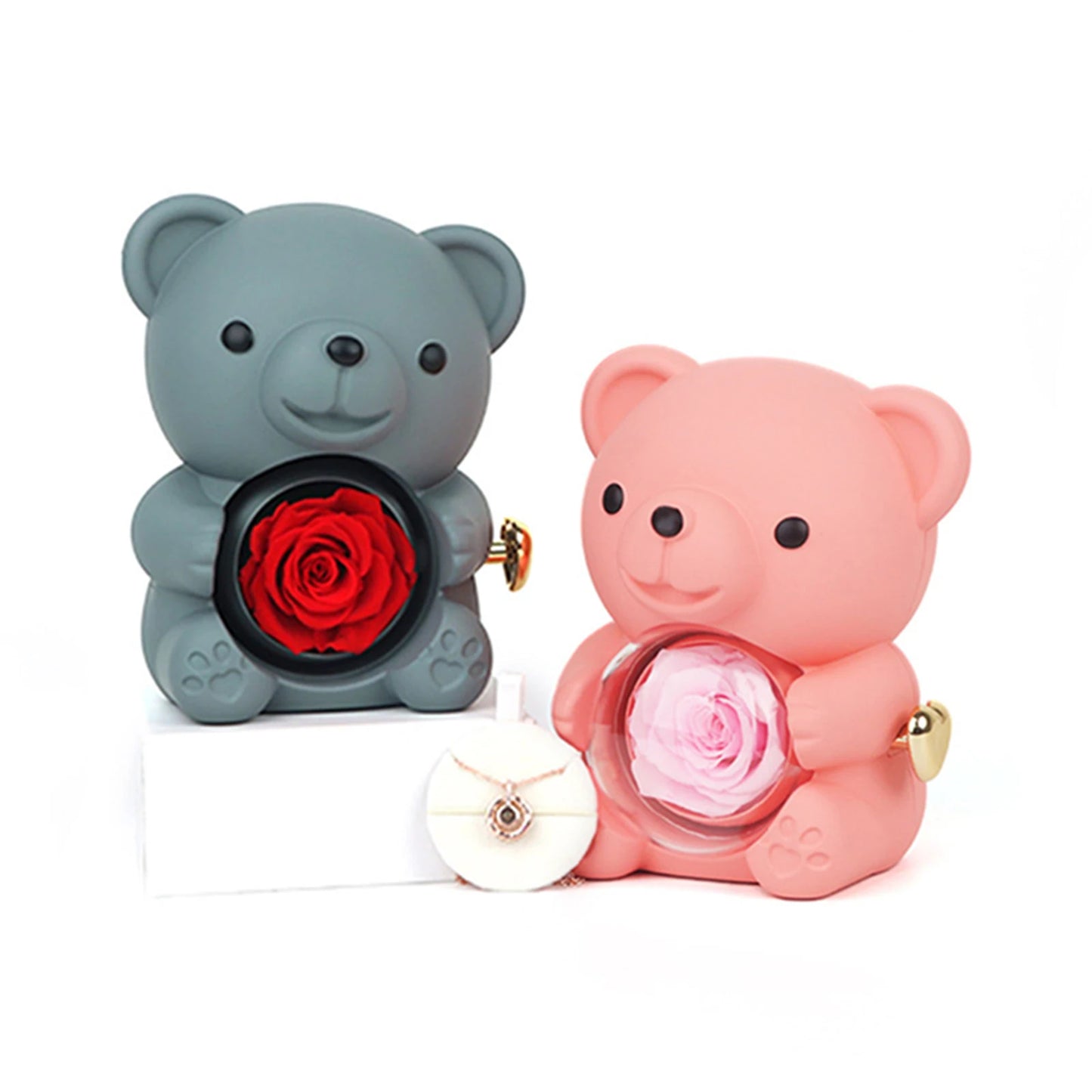 Preserved Rose Hug Bear with Preserved Flower Ring Necklace Organizer Gift Bear Shape Jewelry Box Valentine's Day Birthday Gift