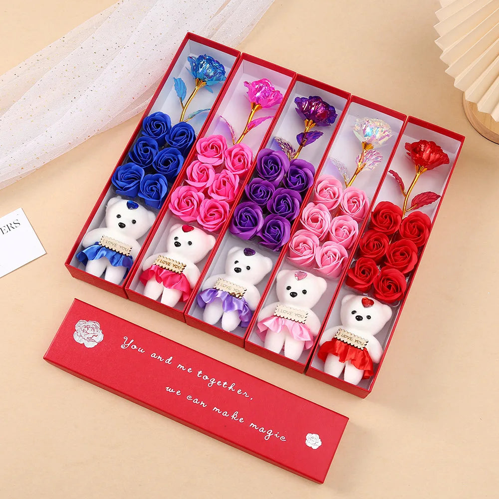 2026 Plush Bear Artificial Flower Gift Box Soap Rose Flowers 24K Gold Foil Rose Valentines Day Mother Day Gift Wedding Home Decor