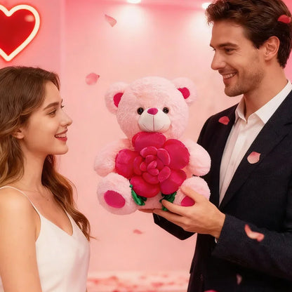 Valentines Day Bear Holding Rose Plush Toy Stuffed Animal Birthday Present for Girlfriend Wife Romantic Keepsake Home Decor Doll