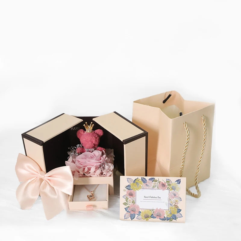 Heart Copper Zircon Pendant Necklaces With Cute Bear Rose Flower Gift Box New Christmas Friends Birthday Valentine Gifts