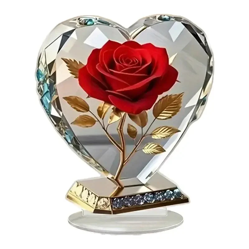Choice Acrylic Bohemian Heart Shaped Ornament With Red Roses And Gold Accents For Elegant Desktop Decor