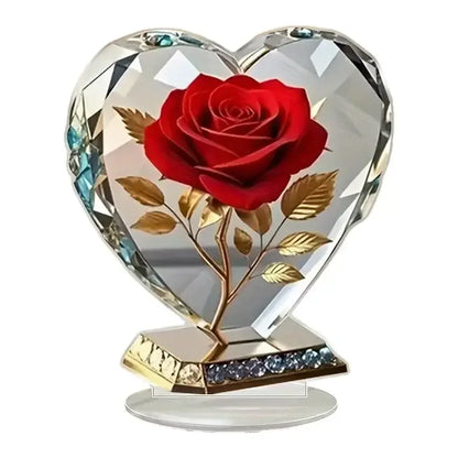 Choice Acrylic Bohemian Heart Shaped Ornament With Red Roses And Gold Accents For Elegant Desktop Decor