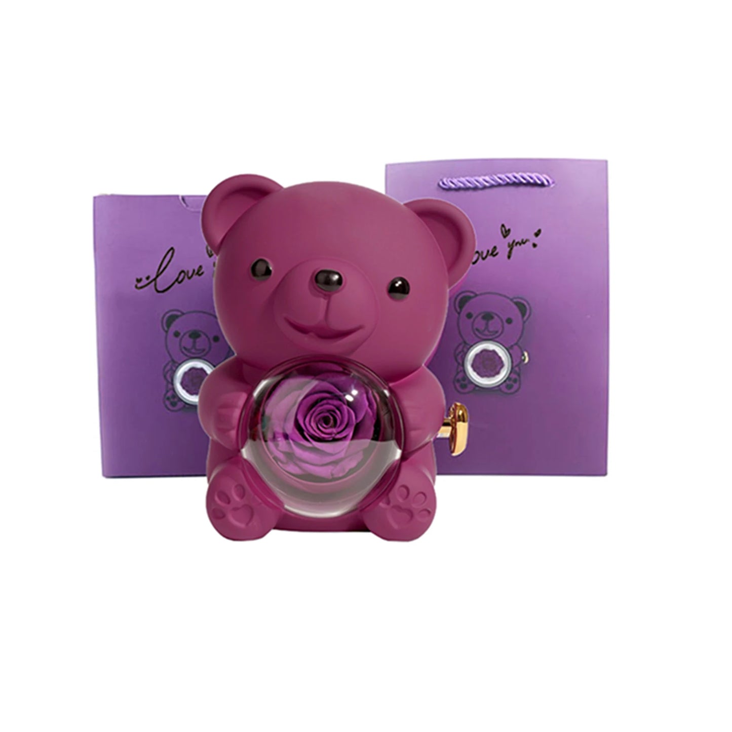 Preserved Rose Hug Bear with Preserved Flower Ring Necklace Organizer Gift Bear Shape Jewelry Box Valentine's Day Birthday Gift