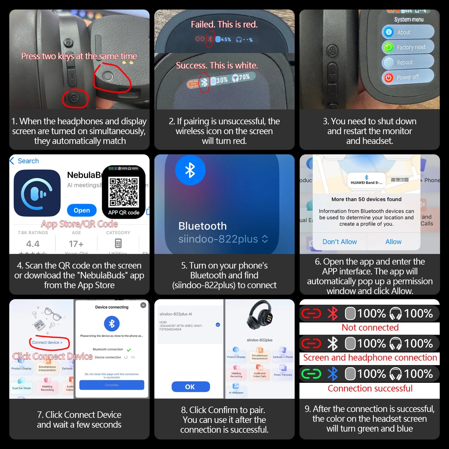 Siindoo Wireless Headphone with Detachable Full Color Touch Screen JH-822Plus AI Assistant Smart Chat Translation Function BT5.4