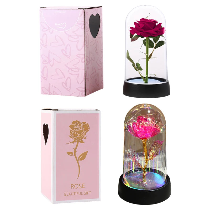 Rose Flowers Eternal Rose LED Light Foil Flower in Glass Cover Simulation Rose Flower Christmas Valentine's Day Gifts