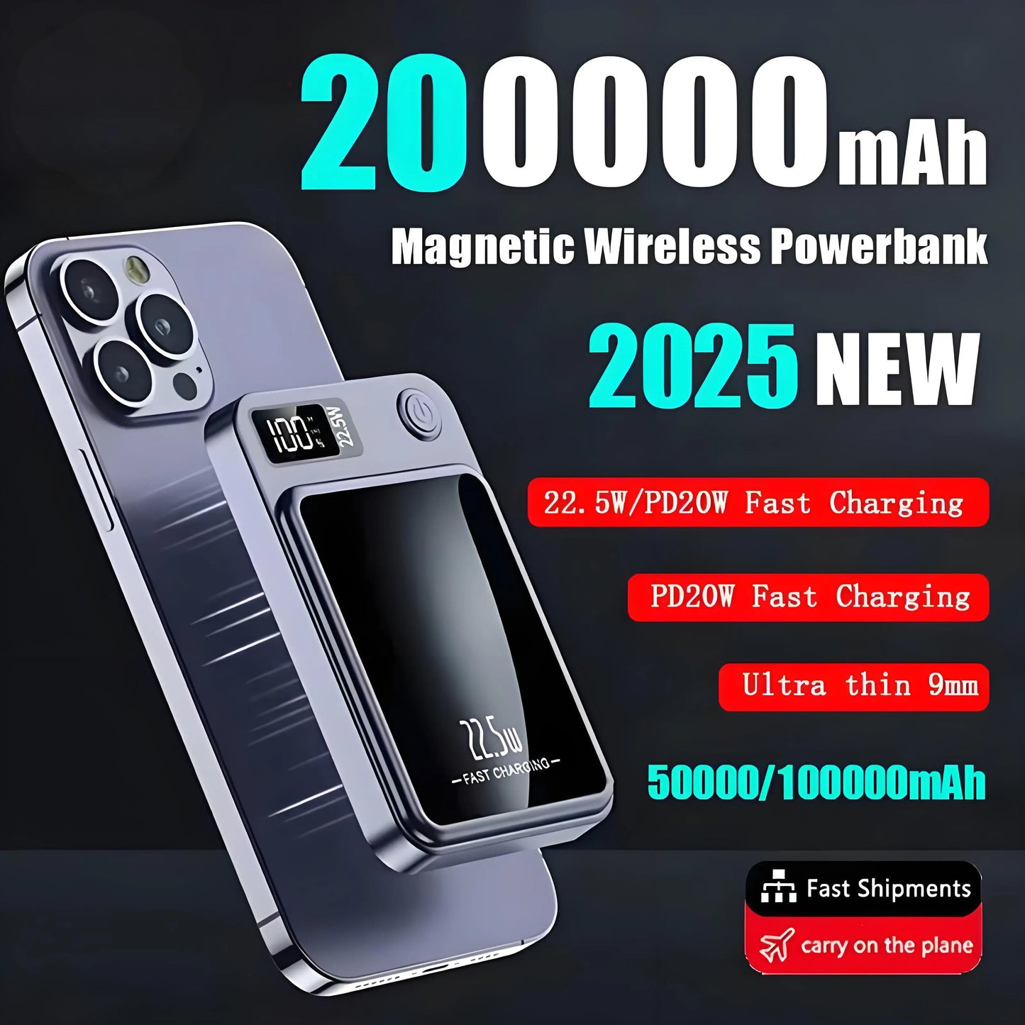 200000mAh Magnetic Wireless Power Bank – 22.5W Fast Charge