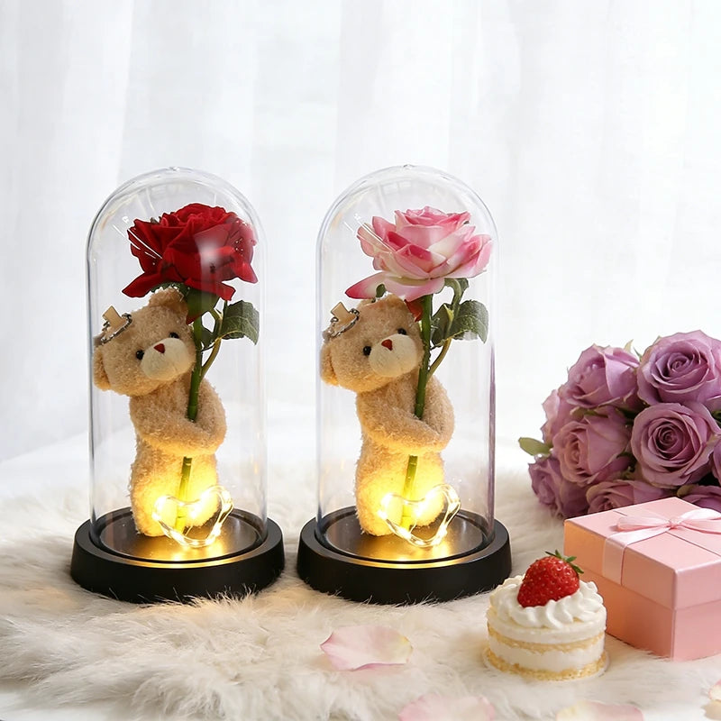 Artificial Eternal Rose Flowers LED Light Foil Flower in Plastic Cover Birthday Valentine's Day Gifts Wedding Party Supplies