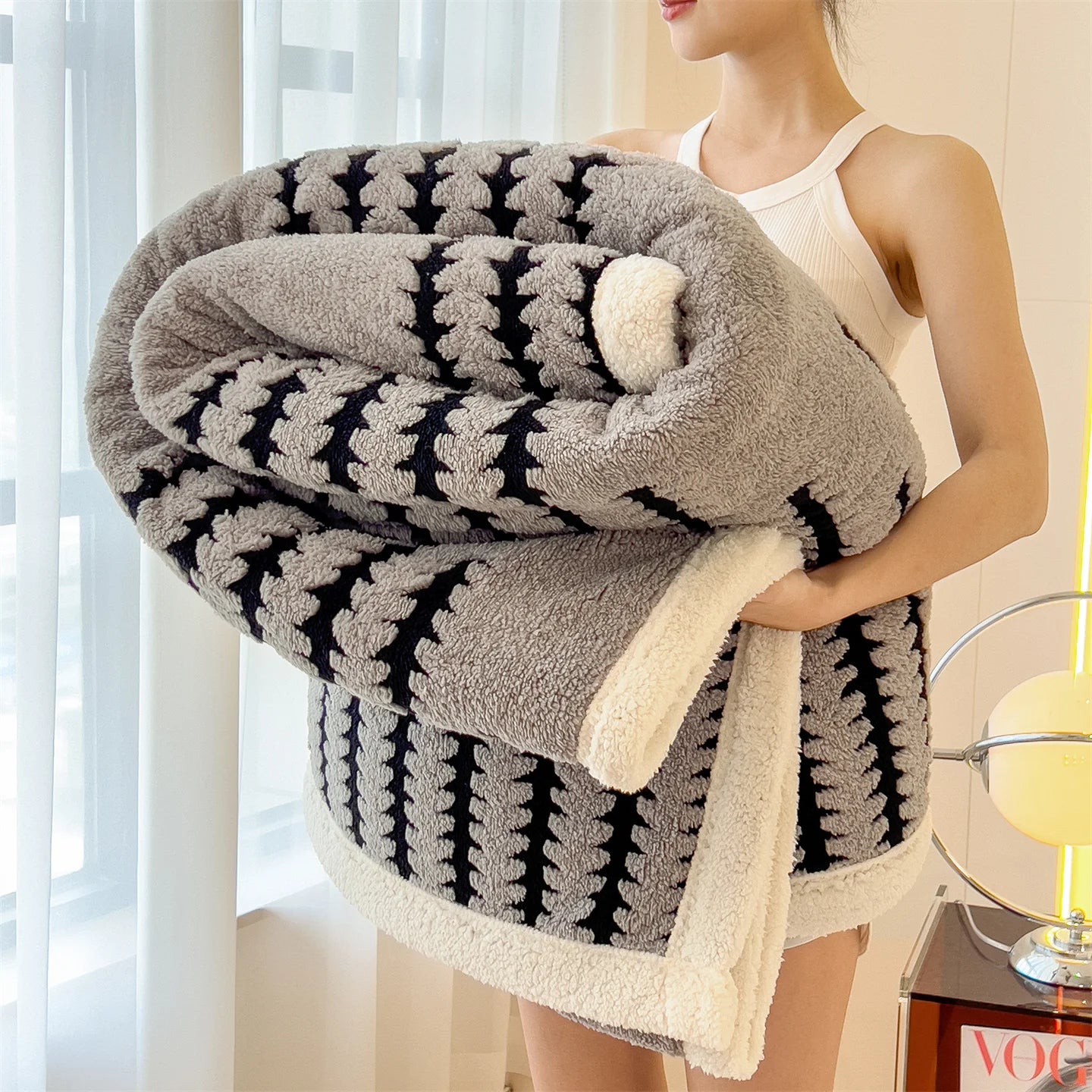 KDV Plush Blanket Ultra Soft Thick Fleece For Winter Warmth Geometric Striped Design For Sofa Bed And Bedroom For Adults