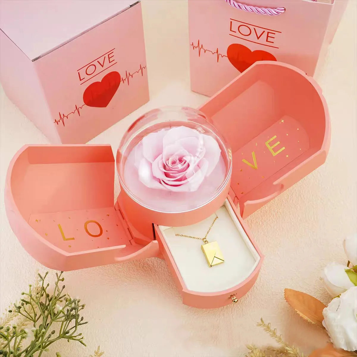 Surprise Flower Jewelry Box - Mysterious Unboxing with Rose Gold Dried Flowers & Hidden Love Drawer