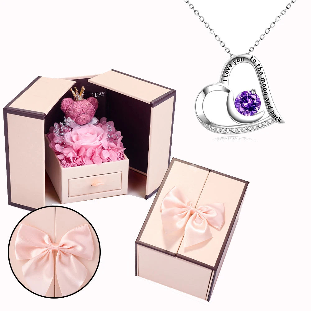 Heart Copper Zircon Pendant Necklaces With Cute Bear Rose Flower Gift Box New Christmas Friends Birthday Valentine Gifts