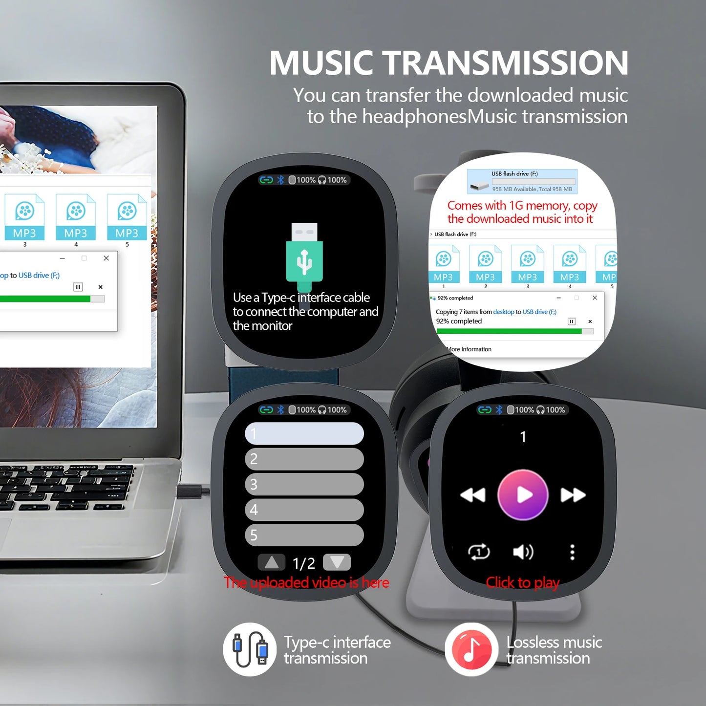 Siindoo Wireless Headphone with Detachable Full Color Touch Screen JH-822Plus AI Assistant Smart Chat Translation Function BT5.4