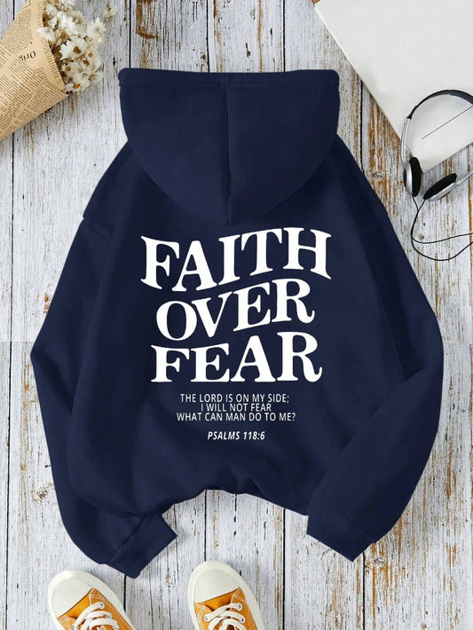 Casual Womens Hoodies Faith Over Fear Letter Printing Sweatshirts Fleece Warm Comfortable Pocket Pullovers Autumn Streetwear