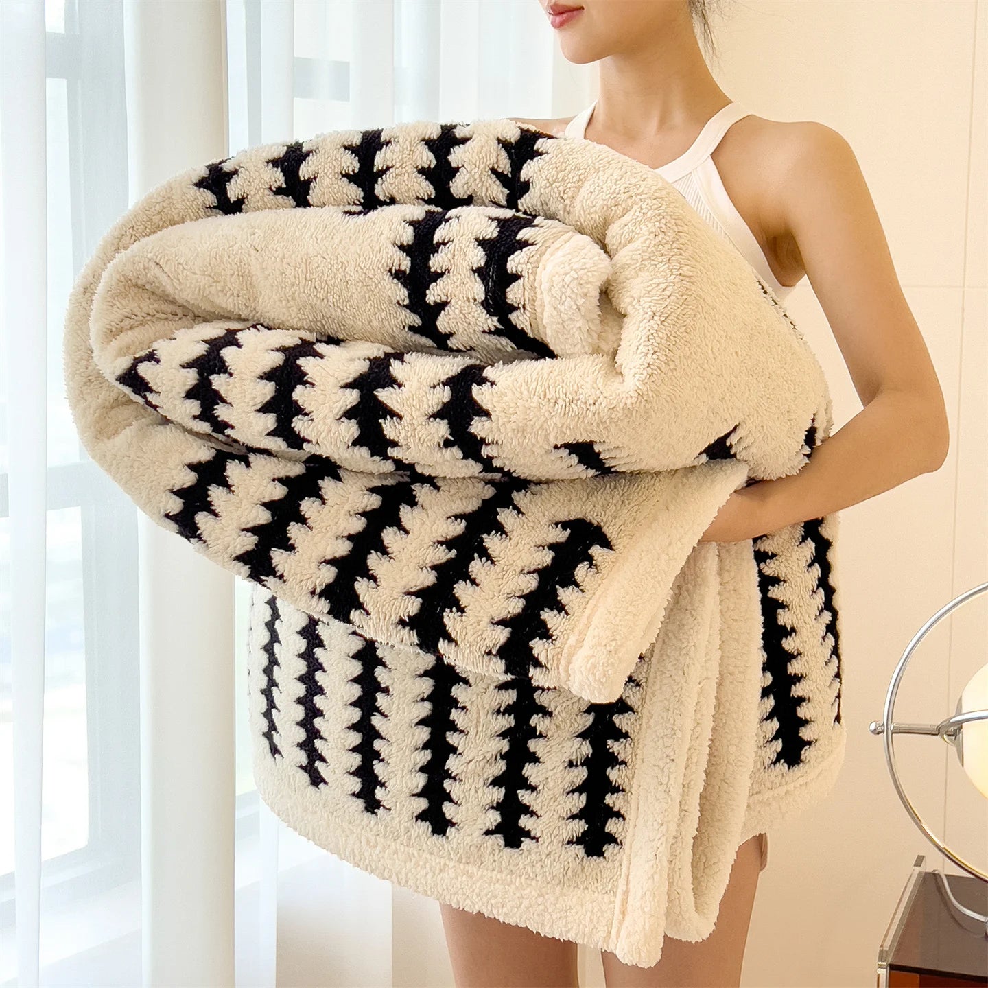 KDV Plush Blanket Ultra Soft Thick Fleece For Winter Warmth Geometric Striped Design For Sofa Bed And Bedroom For Adults