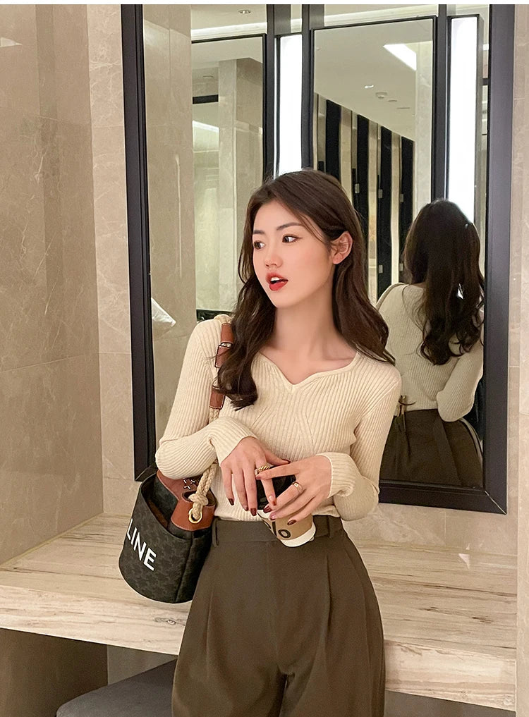 2025 Basic V-neck Chic  Autumn Winter Pullover Women Female Knitted Ribbed Sweater Slim Long Sleeve Badycon High Quality Sweater
