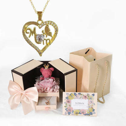 Heart Copper Zircon Pendant Necklaces With Cute Bear Rose Flower Gift Box New Christmas Friends Birthday Valentine Gifts