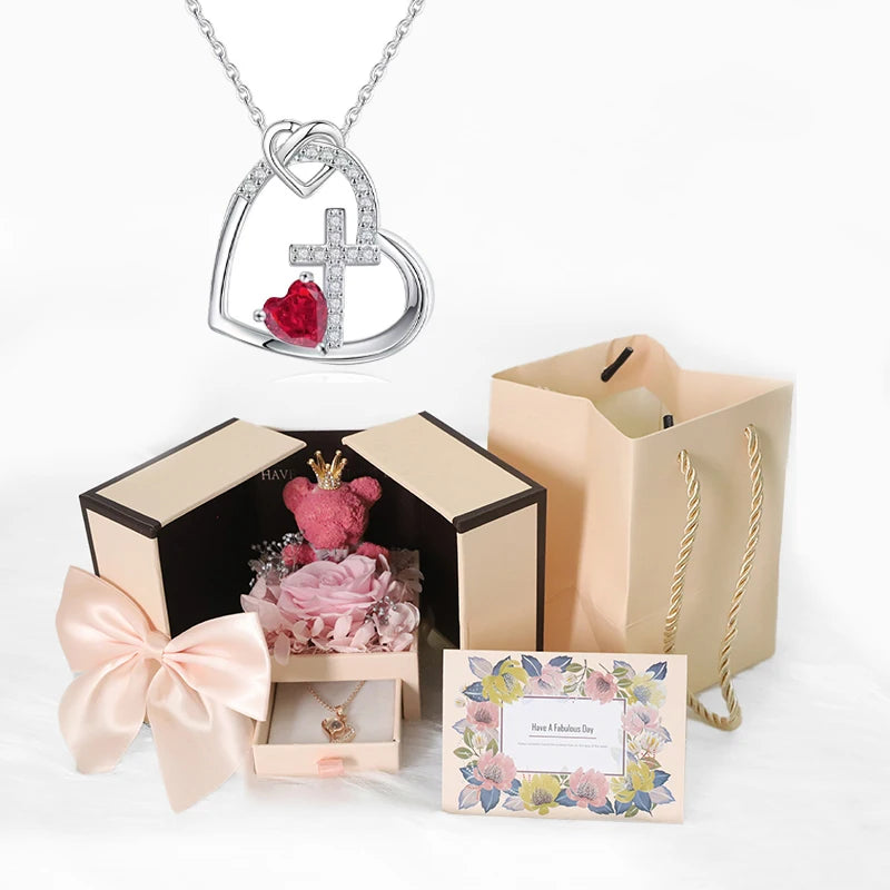 Heart Copper Zircon Pendant Necklaces With Cute Bear Rose Flower Gift Box New Christmas Friends Birthday Valentine Gifts