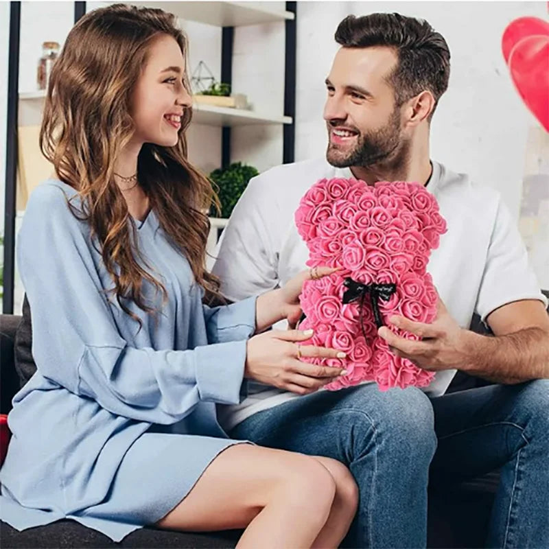 Teddy Rose Flower Bear with Box Romantic Valentines Day Gift Girlfriend Women Anniversary Wedding Party Supplies