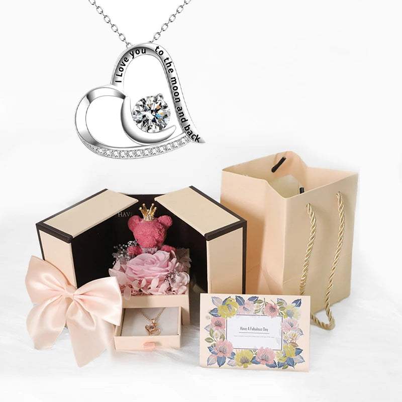 Heart Copper Zircon Pendant Necklaces With Cute Bear Rose Flower Gift Box New Christmas Friends Birthday Valentine Gifts