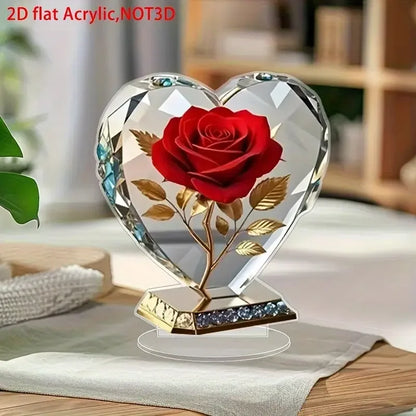 Choice Acrylic Bohemian Heart Shaped Ornament With Red Roses And Gold Accents For Elegant Desktop Decor