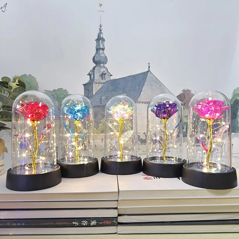 Eternal Flower Galaxy Rose Gifts Artificial Flowers in Transparent Dome Valentine's Day Gift Colorful Foil Rose Desktop Ornament
