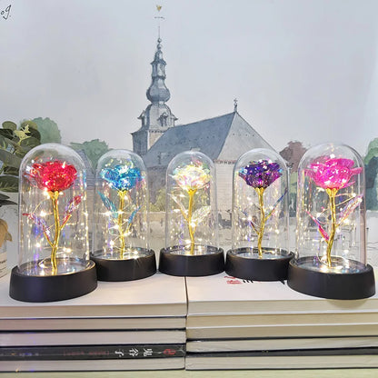 Eternal Flower Galaxy Rose Gifts Artificial Flowers in Transparent Dome Valentine's Day Gift Colorful Foil Rose Desktop Ornament