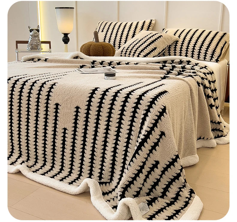 KDV Plush Blanket Ultra Soft Thick Fleece For Winter Warmth Geometric Striped Design For Sofa Bed And Bedroom For Adults