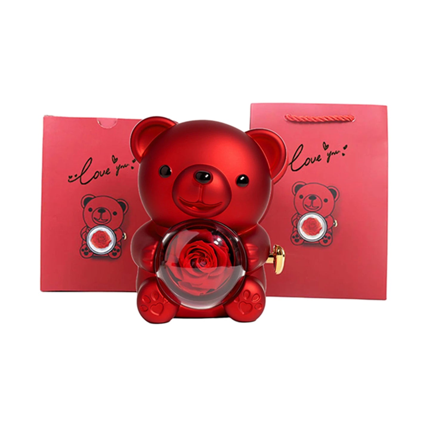 Preserved Rose Hug Bear with Preserved Flower Ring Necklace Organizer Gift Bear Shape Jewelry Box Valentine's Day Birthday Gift