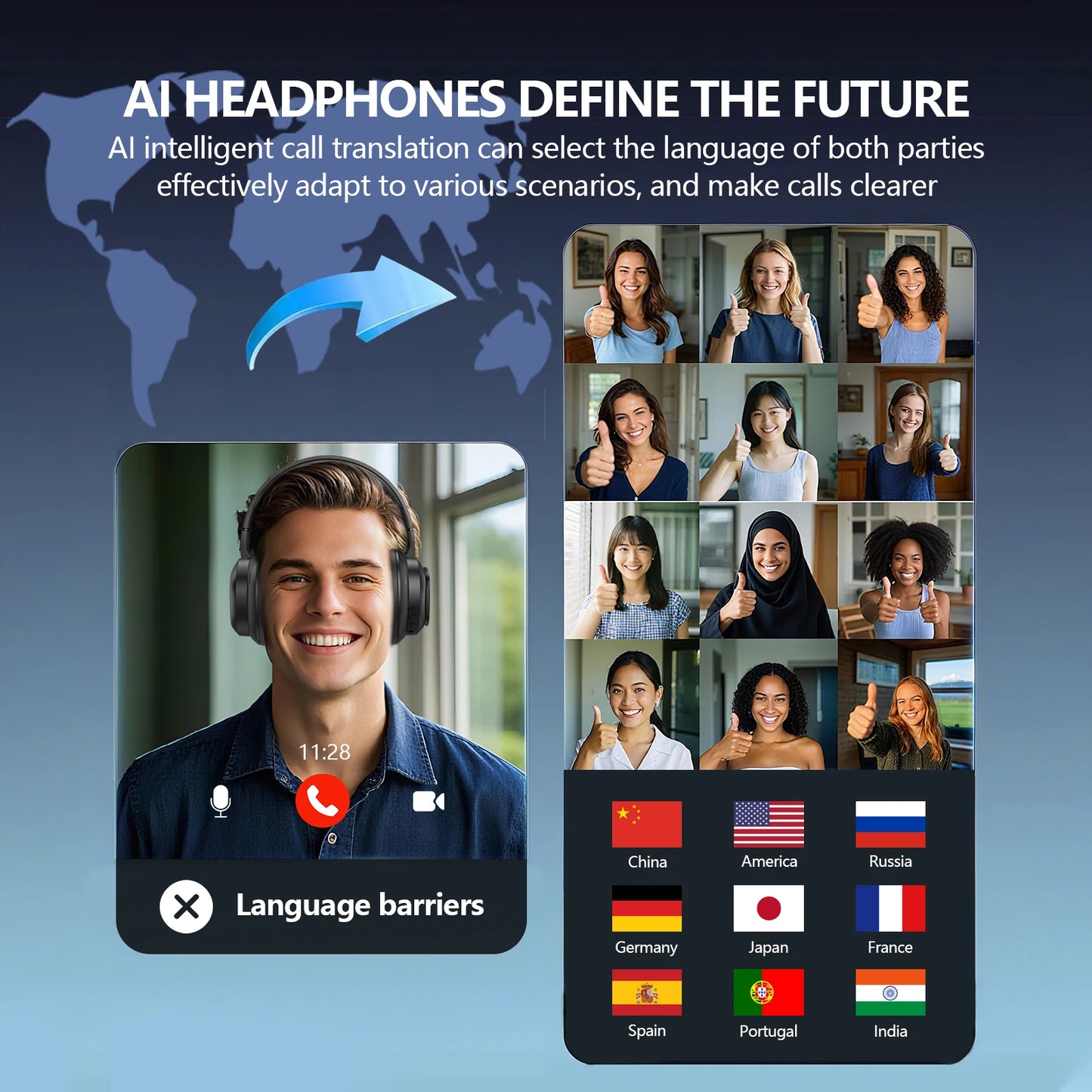 Siindoo Wireless Headphone with Detachable Full Color Touch Screen JH-822Plus AI Assistant Smart Chat Translation Function BT5.4