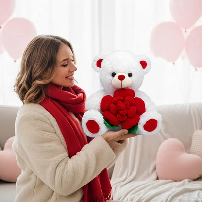 Valentines Day Bear Holding Rose Plush Toy Stuffed Animal Birthday Present for Girlfriend Wife Romantic Keepsake Home Decor Doll