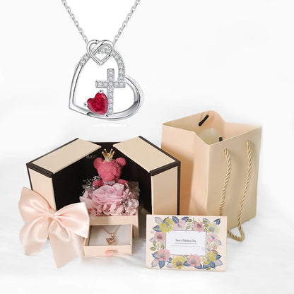 Heart Copper Zircon Pendant Necklaces With Cute Bear Rose Flower Gift Box New Christmas Friends Birthday Valentine Gifts