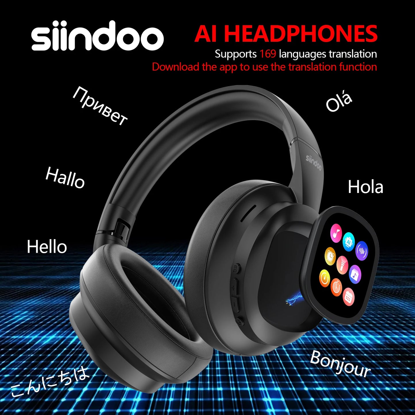 Siindoo Wireless Headphone with Detachable Full Color Touch Screen JH-822Plus AI Assistant Smart Chat Translation Function BT5.4