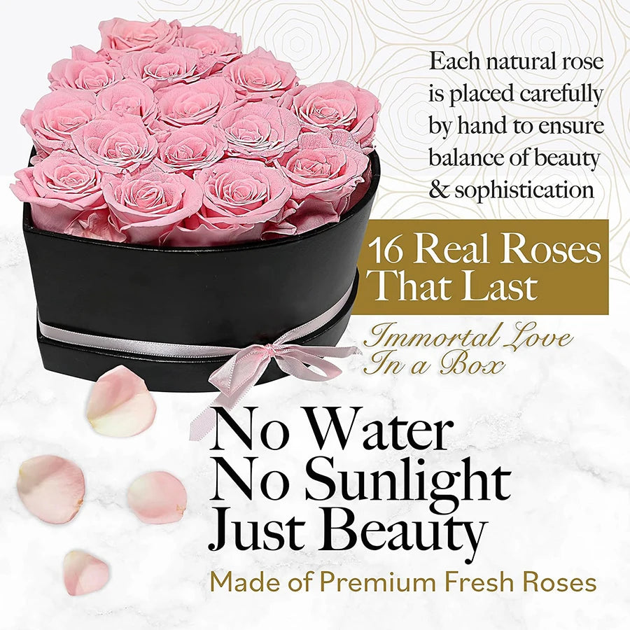 16PCS Natural Peserved Rose Eternal Forever Real Roses Heart Shape Box Immortal Flowers Mothers Valentines Day Gifts Home Decor