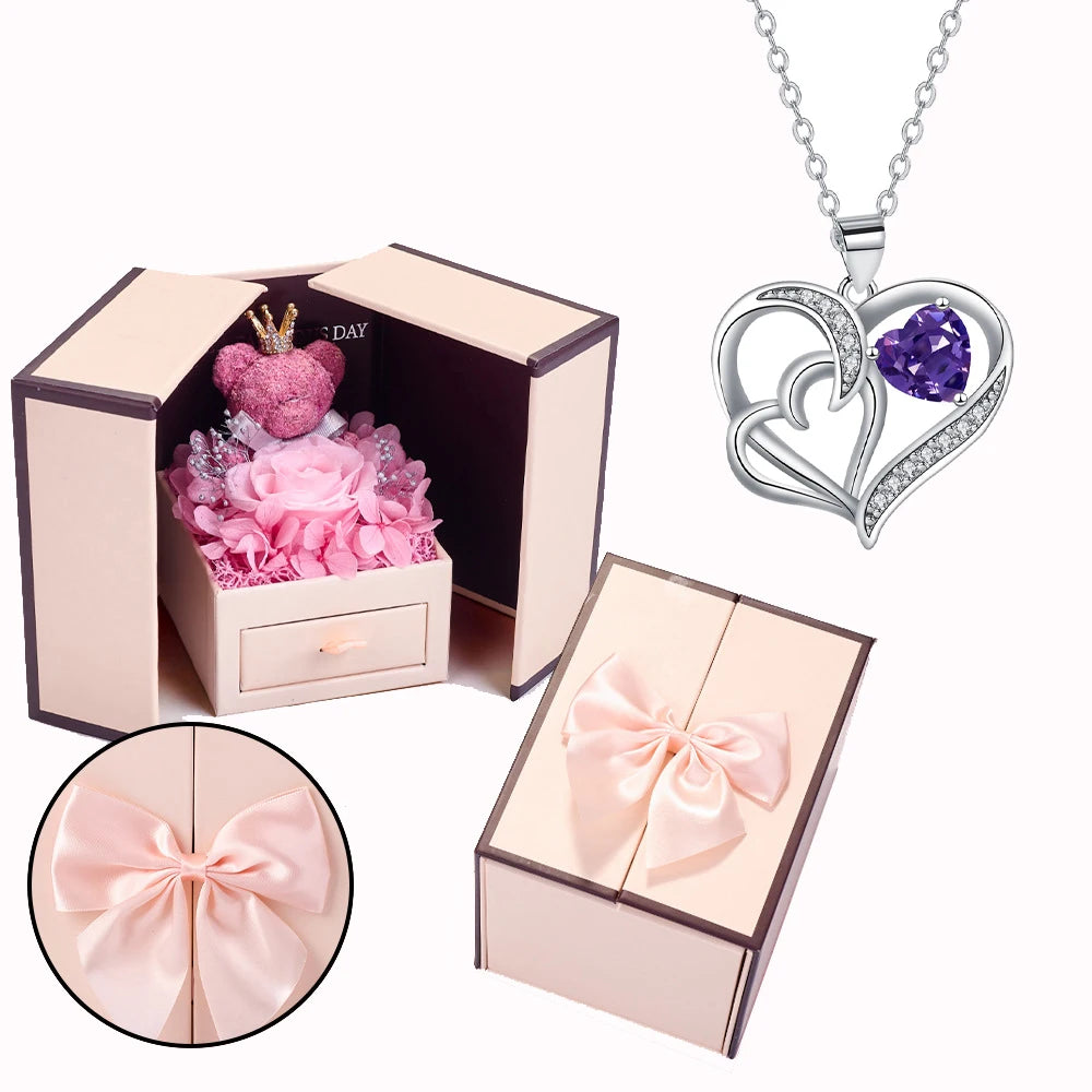 Heart Copper Zircon Pendant Necklaces With Cute Bear Rose Flower Gift Box New Christmas Friends Birthday Valentine Gifts