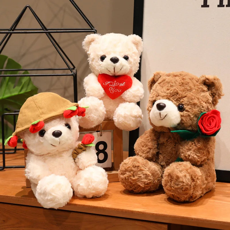 15/25cm Sitting Cartoon Bear Plush Toy Stuffed Valentine's Day Rose Animal Say Love Holding Red Heart Girlfriend Gift