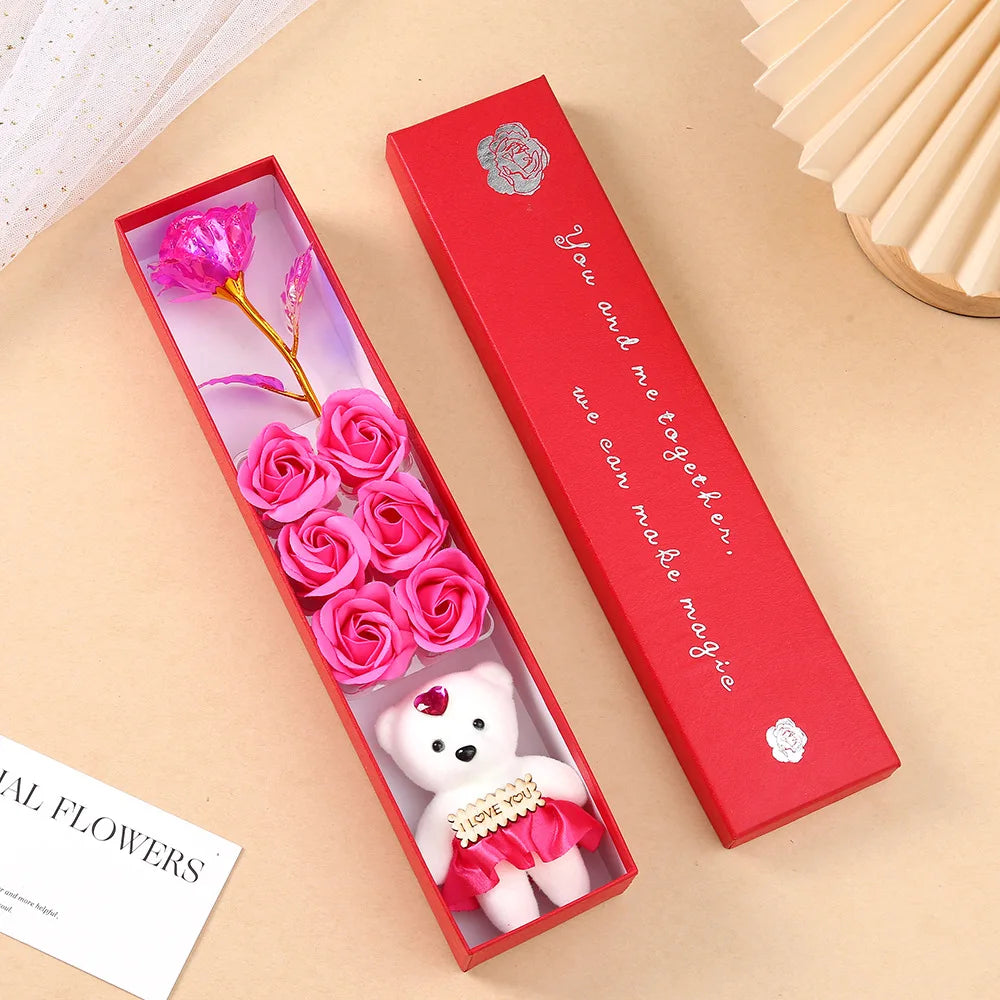 2026 Plush Bear Artificial Flower Gift Box Soap Rose Flowers 24K Gold Foil Rose Valentines Day Mother Day Gift Wedding Home Decor