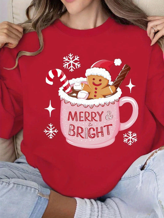 MERRY BRIGHT Christmas Gingerbread Printed Hoodie Autumn and Winter Women's Round Neck Top Long Sleeved Pullover Casual Clothing