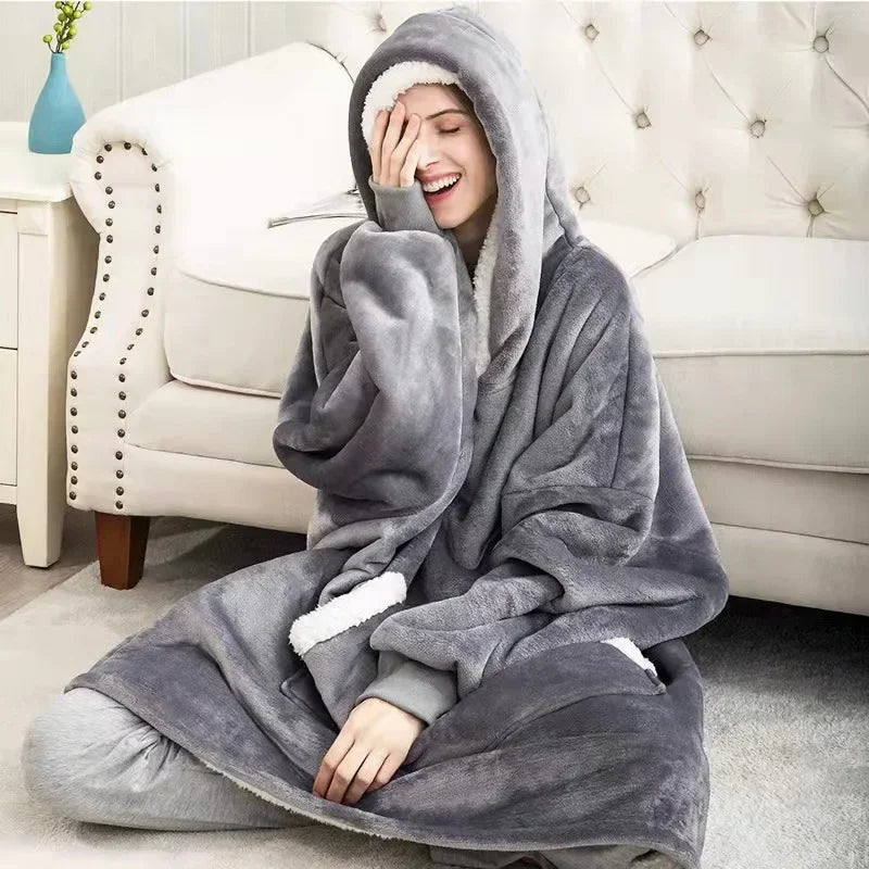 Lamb fleece pullover loose winter pajamas flannel blanket pants with sleeves hoodie soft and warm home wear