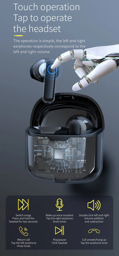 LCKICOO J225 TWS Bluetooth Earphones With 3D Curved Transparent Case, Smart Touch, HD Audio For Music Lovers