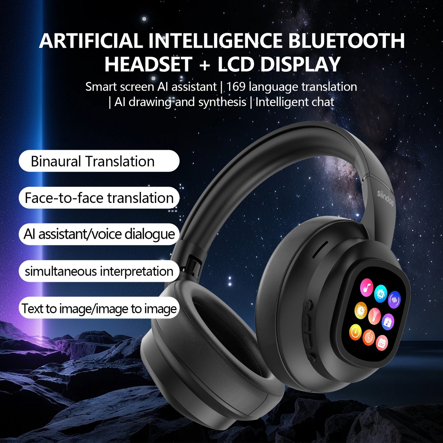 Siindoo Wireless Headphone with Detachable Full Color Touch Screen JH-822Plus AI Assistant Smart Chat Translation Function BT5.4