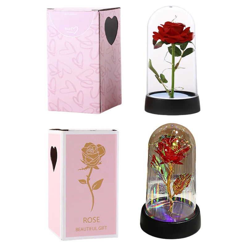 Rose Flowers Eternal Rose LED Light Foil Flower in Glass Cover Simulation Rose Flower Christmas Valentine's Day Gifts