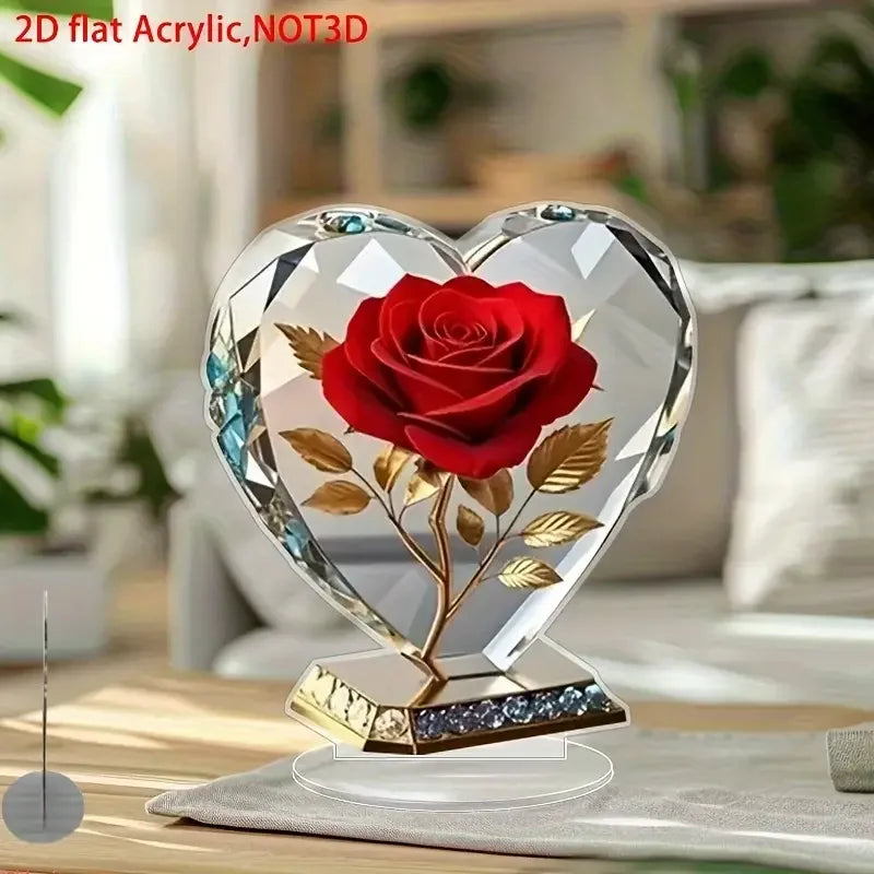 Choice Acrylic Bohemian Heart Shaped Ornament With Red Roses And Gold Accents For Elegant Desktop Decor