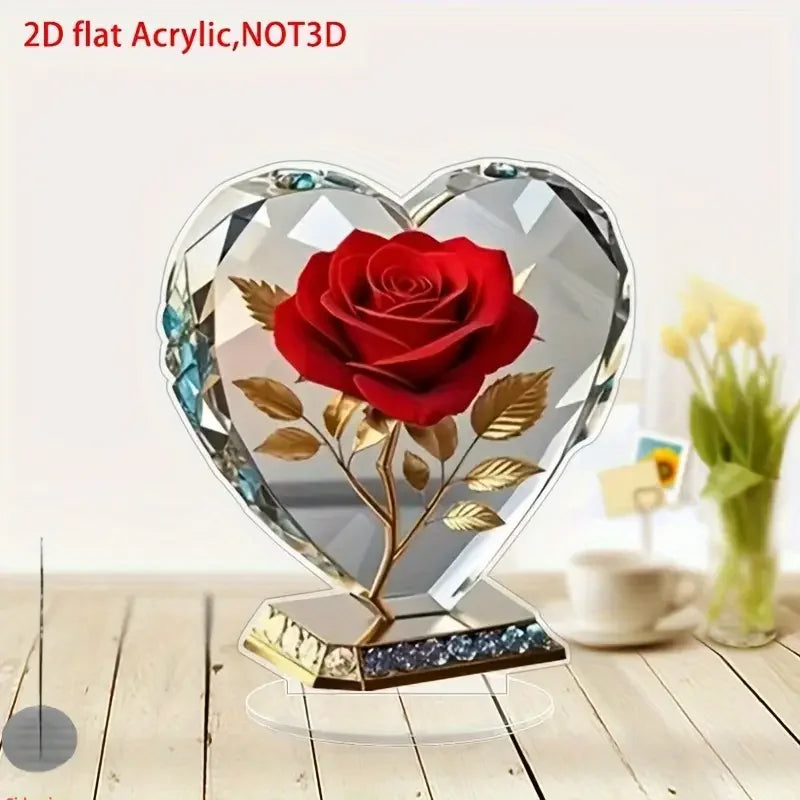 Choice Acrylic Bohemian Heart Shaped Ornament With Red Roses And Gold Accents For Elegant Desktop Decor