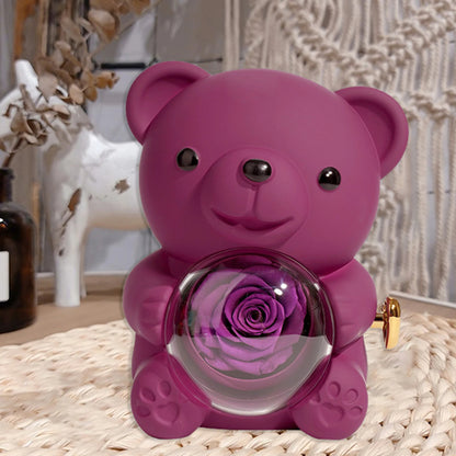 Preserved Rose Hug Bear with Preserved Flower Ring Necklace Organizer Gift Bear Shape Jewelry Box Valentine's Day Birthday Gift