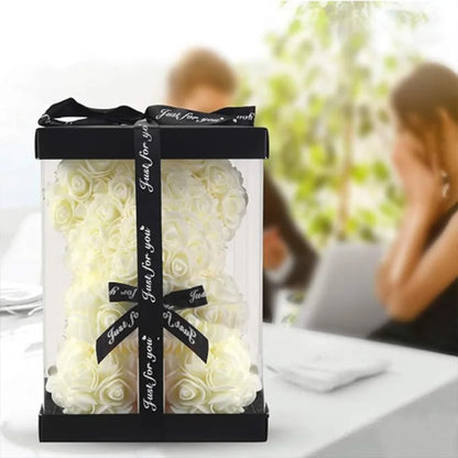 Teddy Rose Flower Bear with Box Romantic Valentines Day Gift Girlfriend Women Anniversary Wedding Party Supplies
