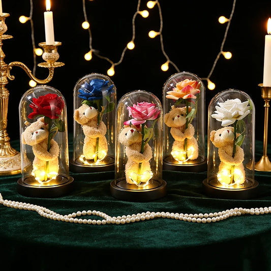 Artificial Eternal Rose Flowers LED Light Foil Flower in Plastic Cover Birthday Valentine's Day Gifts Wedding Party Supplies