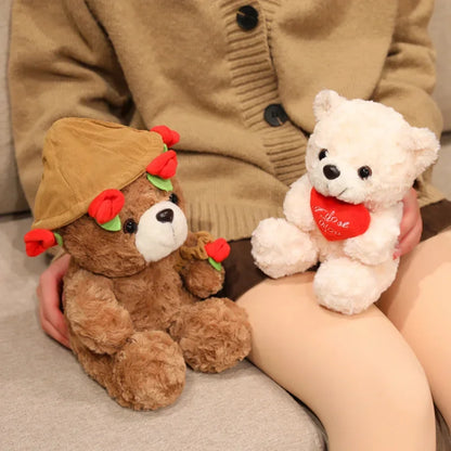 15/25cm Sitting Cartoon Bear Plush Toy Stuffed Valentine's Day Rose Animal Say Love Holding Red Heart Girlfriend Gift