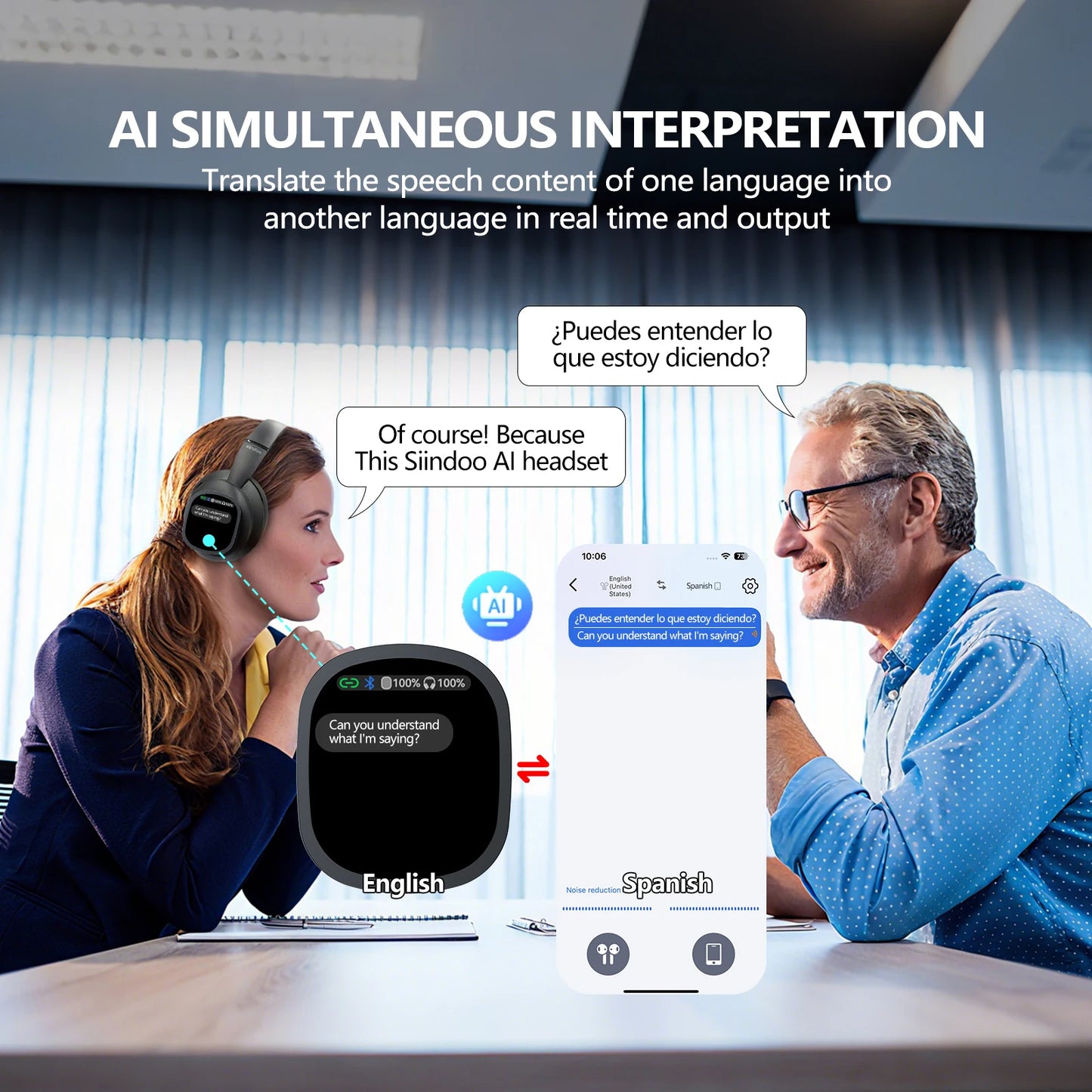 Siindoo Wireless Headphone with Detachable Full Color Touch Screen JH-822Plus AI Assistant Smart Chat Translation Function BT5.4