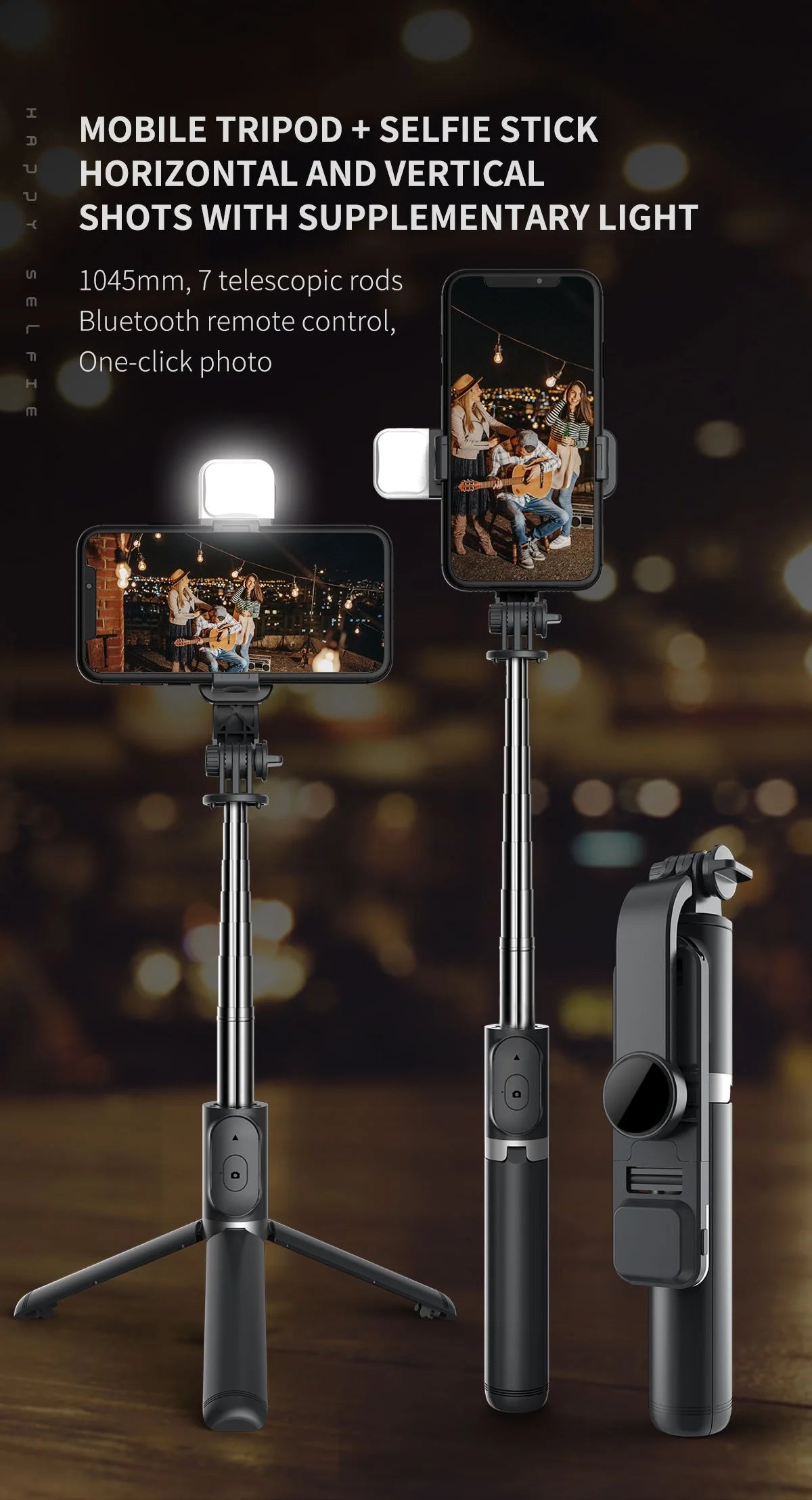 Phone Selfie Stick 1045mm with Wireless Bluetooth LED Fill Light Extended Tripod with Remote Shutter for Android IOS Cellphone