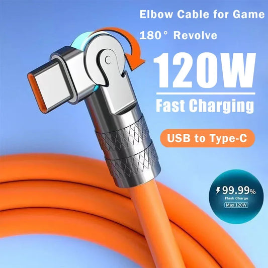 120W 7A fast charge USB C to Type-C cable 180 ° rotation liquid silicone cable for iPhone Xiaomi Redmi honor phone charger